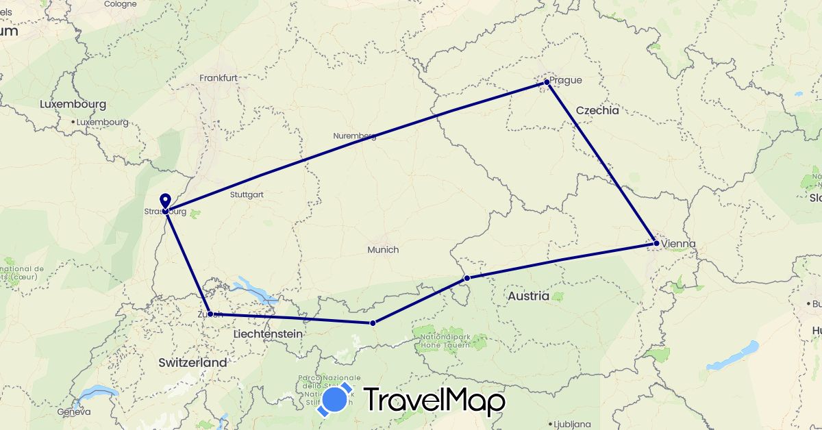 TravelMap itinerary: driving in Austria, Switzerland, Czech Republic, France (Europe)